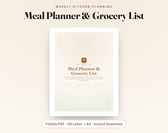 May include: A digital meal planner and grocery list template with a beige gradient background. The text reads Weekly Kitchen Planning, Meal Planner & Grocery List, and includes sections for weekly plans, grocery lists, meal ideas, and notes & lists.