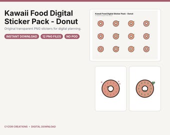 Kawaii Donut Digital Stickers: 12 Transparent PNGs and PDF Sheet