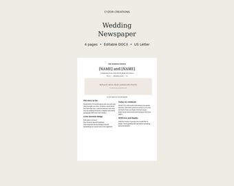 Wedding Newspaper Template, Editable DOCX with Photo Spaces, Four Page Guest Keepsake, US Letter Printable PDF