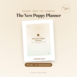 May include: A digital puppy planner document titled The New Puppy Planner with sections for training, potty, vet, and schedule. The document features a gradient background, paw print icons, and text indicating 6 fillable pages, US Letter and A4 size.