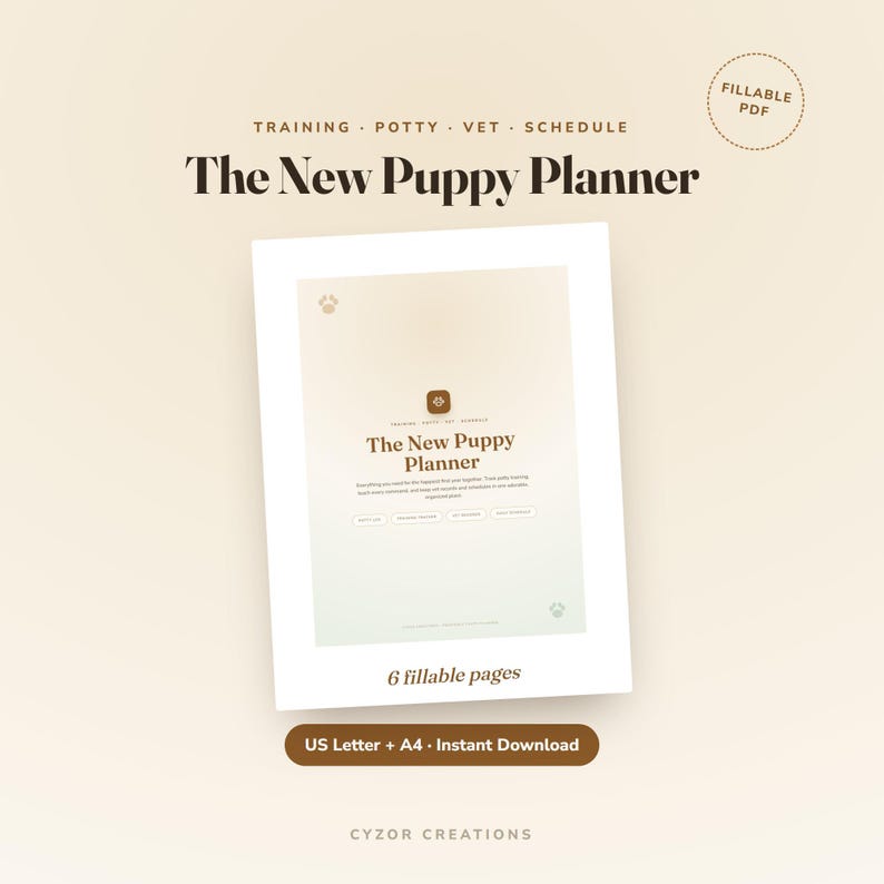 May include: A digital puppy planner document titled The New Puppy Planner with sections for training, potty, vet, and schedule. The document features a gradient background, paw print icons, and text indicating 6 fillable pages, US Letter and A4 size.