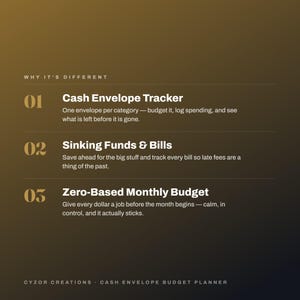 May include: A dark gold gradient informational graphic titled Why It's Different, listing three budget features: 01 Cash Envelope Tracker, 02 Sinking Funds & Bills, and 03 Zero-Based Monthly Budget, with Cyzor Creations Cash Envelope Budget Planner at the base.