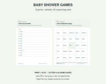 Baby Shower Games Printable PDF, 14 Games and Activities, 30 Unique Bingo Cards, Host Answer Guide, Letter and A4