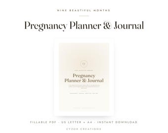 May include: A digital Pregnancy Planner & Journal with a beige gradient background. The text reads Nine Beautiful Months, Pregnancy Planner & Journal, and includes a small heart icon. The bottom text indicates Fillable PDF, US Letter + A4, Instant Download, and Cyzor Creations.