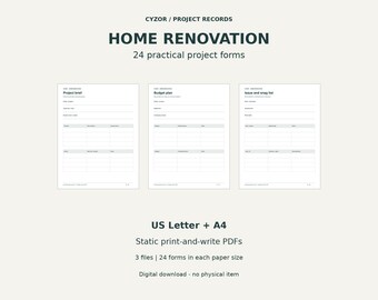 Home Renovation Planner Printable, Project Budget and Quote Binder, Remodel Checklist, US Letter A4 PDF