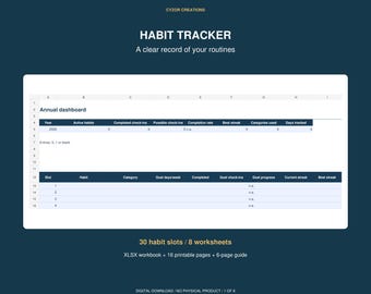 Habit Tracker Spreadsheet, 30 Habit Annual Monthly Weekly Dashboard, Daily Routine Log XLSX, Printable Reflection Planner