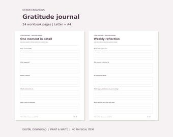 Printable Gratitude Journal PDF, Daily Weekly Monthly Reflection Pages, 30 Optional Prompts, US Letter and A4