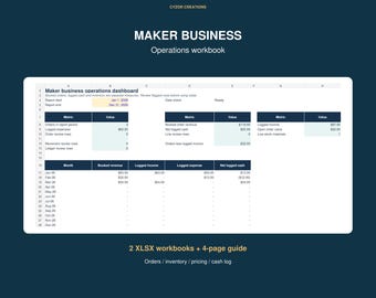 Maker Business Operations Workbook, Inventory Tracker, Order Log and Product Pricing Spreadsheet
