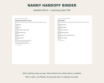 Nanny and Babysitter Handoff Binder Editable DOCX and Printable PDF, Routines, Contacts and Daily Notes