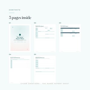 May include: A digital document titled The Nurse Report Sheet containing 5 pages. The pages include a cover, Single Patient Report, Two-Patient Report, Hourly Task & Med Grid, and SBAR Handoff & Notes. The layout features dark text on white.