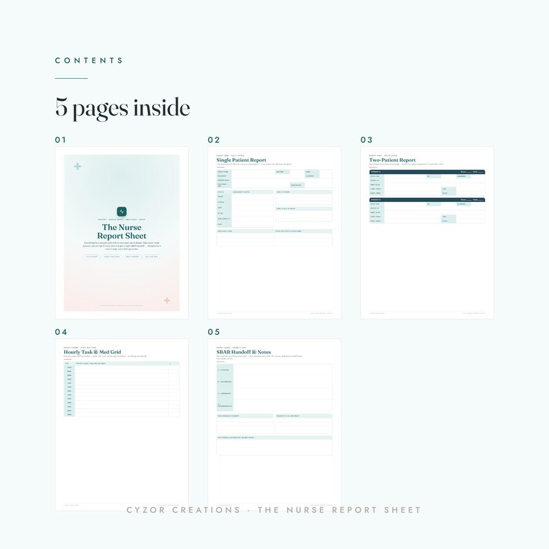 May include: A digital document titled The Nurse Report Sheet containing 5 pages. The pages include a cover, Single Patient Report, Two-Patient Report, Hourly Task & Med Grid, and SBAR Handoff & Notes. The layout features dark text on white.