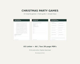 Christmas Party Games Printable PDF, 14 Holiday Activities with Answer Keys and Host Guide, Family Office Games, Letter A4