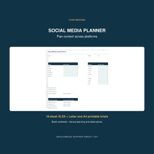 May include: A digital social media planner spreadsheet with the text CYZOR CREATIONS, SOCIAL MEDIA PLANNER, Plan content across platforms, 10-sheet XLSX + Letter and A4 printable briefs, Blank workbook, and manual planning and observations.