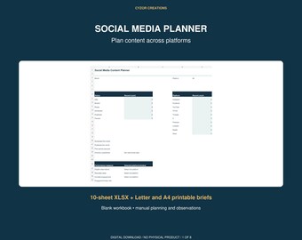 Social Media Content Planner Spreadsheet, Monthly Post Tracker, Campaign and Manual Analytics Workbook, Printable Briefs