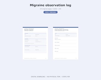 Migraine Observation Log Printable, 24-Page Headache Journal, Medication and Appointment Record, Letter and A4 PDF