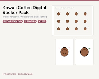 Kawaii Coffee Digital Stickers: 12 Transparent PNGs for Planners