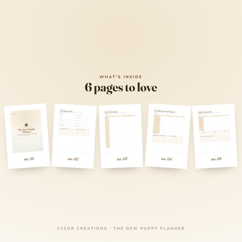 May include: A digital puppy planner set featuring six pages with a beige color scheme. The text reads WHAT'S INSIDE 6 pages to love, The New Puppy Planner, My Puppy's Profile, Daily Potty Log, Training & Command Tracker, and Daily Care Schedule.