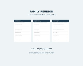 Family Reunion Games Printable, 14 Connection Activities, Memory and Conversation Sheets, Host Guides and Logic Keys, Letter A4