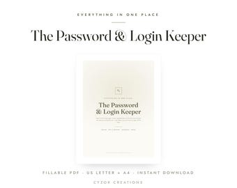 May include: A digital document titled The Password & Login Keeper with a cream-colored background and black text. The page includes sections for logins, wifi, reviews, accounts, and notes, with the text Everything in one place at the top.