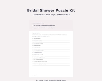 Bridal Shower Games Printable, 12 Puzzle and Creative Activities with Host Answer Keys, Wedding Shower Kit, Letter A4 PDF