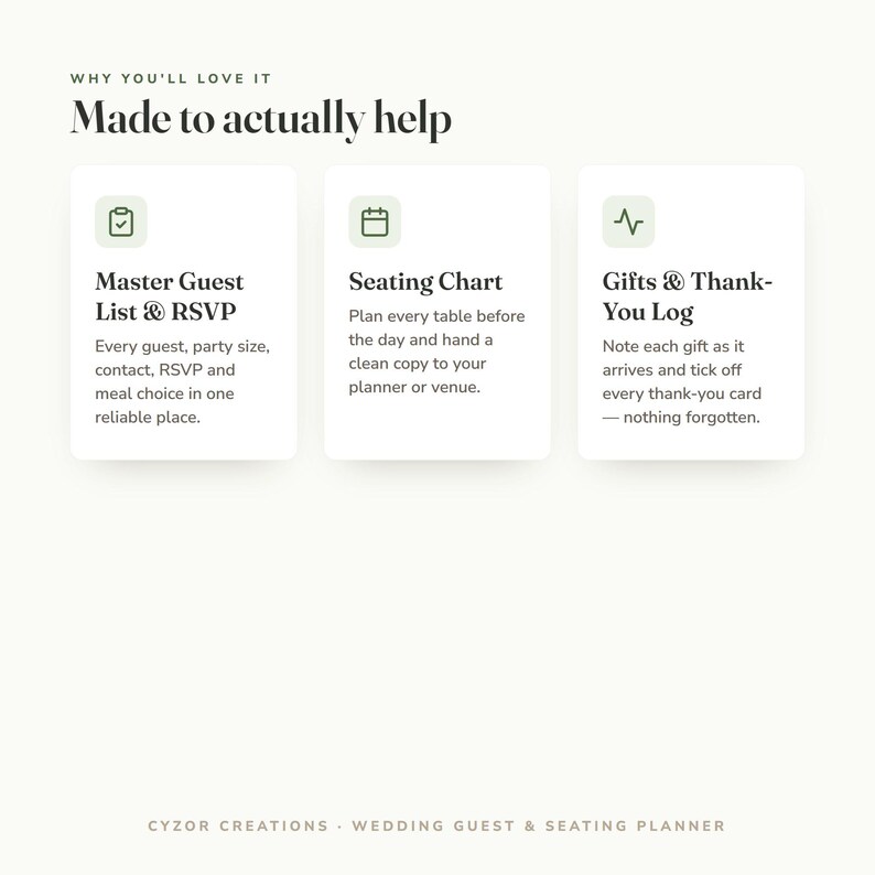 May include: A digital wedding planner interface titled Made to actually help, featuring three white cards with icons. The cards detail a Master Guest List & RSVP, a Seating Chart, and a Gifts & Thank-You Log, with Cyzor Creations Wedding Guest & Seating Planner text at the bottom.