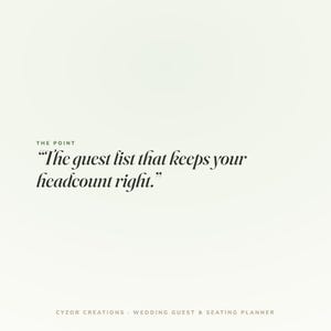 May include: A light cream-colored graphic featuring the text THE POINT followed by the quote "The guest list that keeps your headcount right." At the bottom, the text reads CYZOR CREATIONS - WEDDING GUEST & SEATING PLANNER in a clean font.