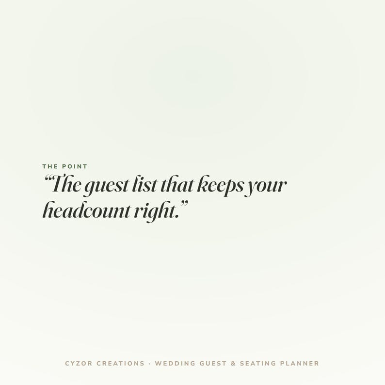 May include: A light cream-colored graphic featuring the text THE POINT followed by the quote "The guest list that keeps your headcount right." At the bottom, the text reads CYZOR CREATIONS - WEDDING GUEST & SEATING PLANNER in a clean font.