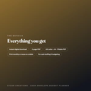 May include: A digital product information graphic with a dark gradient background. Text reads: THE DETAILS, Everything you get, Instant digital download, 5-page PDF, US Letter + A4 Fillable PDF, Print monthly or reuse on a tablet, For cash stuffing & budgeting, CYZOR CREATIONS CASH ENVELOPE BUDGET PLANNER.