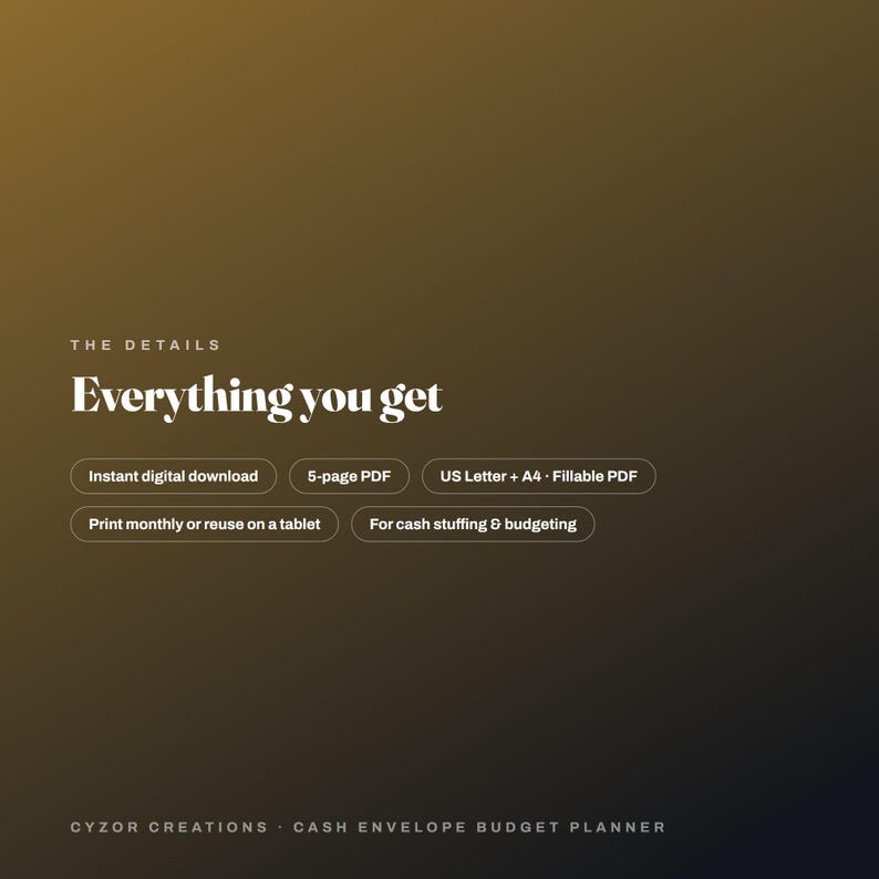 May include: A digital product information graphic with a dark gradient background. Text reads: THE DETAILS, Everything you get, Instant digital download, 5-page PDF, US Letter + A4 Fillable PDF, Print monthly or reuse on a tablet, For cash stuffing & budgeting, CYZOR CREATIONS CASH ENVELOPE BUDGET PLANNER.