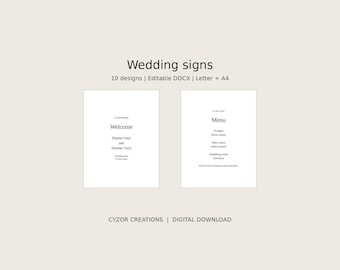 Editable Wedding Signs Bundle, 10 Minimalist Reception and Ceremony Signs, Letter A4 DOCX Templates, Printable Wedding Decor