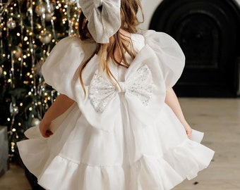 Witte organza jurk, witte bloemenmeisje jurk, eerste verjaardag jurk, ivoor meisje jurk, peuter feestjurk, fancy dress meisje, prinses jurk