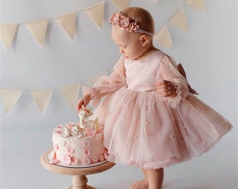 Baby-Mädchen-Kleid, 1. Geburtstag, Geburtstags-Outfit Mädchen, Erster Geburtstagskleid, Kleinkind-Geburtstag, Blumenmädchen-Kleid, Mädchen-Blush-Kleid