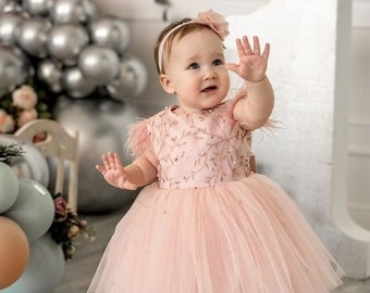 Blumenmädchenkleid aus Tüll, Erster Geburtstagskleid, Babymädchenkleid, Babymädchen-Partykleid, Blush-Blumenmädchenkleid, Kleinkind-Tutu-Kleid