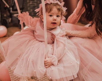 Erster Geburtstagskleid, Baby-Mädchen-Partykleid für besondere Anlässe, 1. Geburtstagskleid, Geburtstagskleid Mädchen Rougekleid, Geburtstagsoutfit