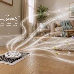 May include: A white circular air freshener with a decorative floral cutout pattern sits on a metal floor vent. Swirling white light trails and small flower icons emanate from the device. Text reads: FlowScents FRAGRANCE THAT FLOWS. FRESHNESS THAT LASTS.