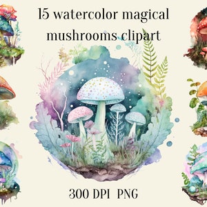 15 cogumelos mágicos em aquarela PNG, clipart de cogumelos, cogumelos em aquarela, download digital, PNG, uso comercial, pacote de clipart