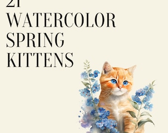 Watercolor Floral Cats Clipart Bundle, Watercolor Clipart Kittens, Digital Kitty Cute Animals Illustration, Commercial Use, PNG, CottageCore