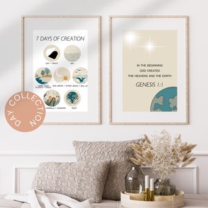 Divine Verses: Set of 2 Bible-Inspired Digital Art Prints for Instant Download, 7 Days Creation Wall Art, Modern, Minimalist MidCentury Boho