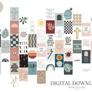 May include: A digital download collection of 36 colorful printable wall art designs with inspirational Christian quotes and images. The designs feature a variety of styles, including geometric, floral, and abstract. The quotes include "God is love", "Jesus is King", "You are sent", and "I am a child of God".