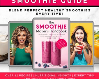 May include: A pink and purple smoothie guide book titled "The Smoothie Maker's Handbook" with the tagline "The Ultimate Guide to Blending Delicious and Nutritious Smoothies". The book cover features three women holding smoothies and smiling. The book includes over 12 smoothie recipes.