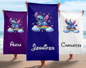 Custom Name Towel, Personalized Stitch Towel, Beach Bath Pool Towel with Stitch, Rainbow & Stitch Design, Cozy and Custom Disney Xmas Gift