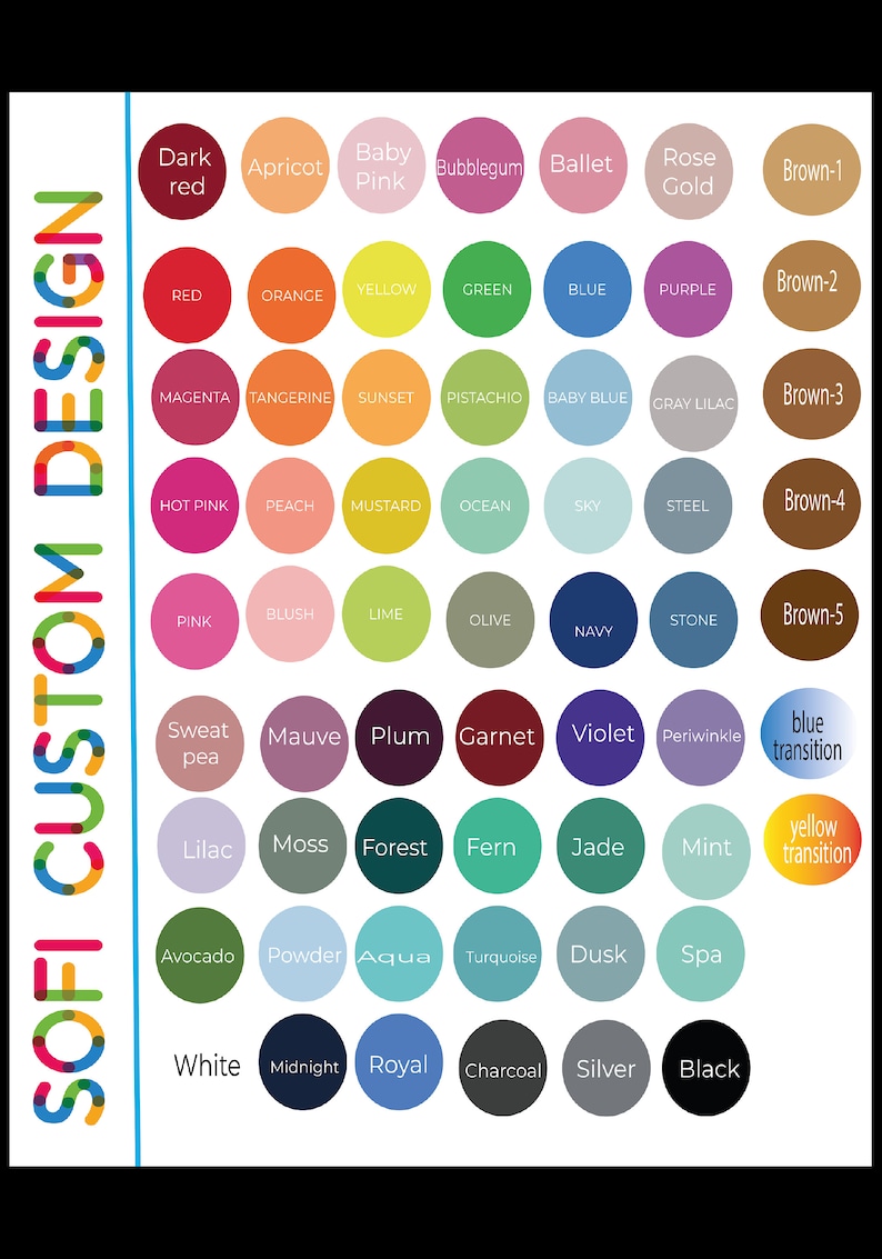May include: A chart of 60 color swatches with names for each color. The colors are arranged in rows and columns, with the names of the colors listed below each swatch. The colors include red, orange, yellow, green, blue, purple, brown, pink, peach, mustard, ocean, sky, steel, blush, lime, olive, navy, stone, sweat pea, mauve, plum, garnet, violet, periwinkle, lilac, moss, forest, fern, jade, mint, avocado, powder, aqua, turquoise, dusk, spa, white, midnight, royal, charcoal, silver, and black.