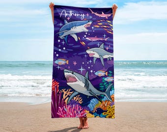 Personalized Shark Towel, Custom Name Beach Pool Bath Towel, Party Favor Gifts, Holiday Anniversary Vacation Gift for Friend,Christmas Gift