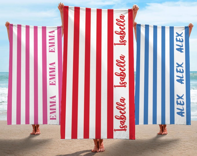 Stripe Print Towel, Striped Beach Towel,  Personalized Beach Towel, Custom Name Beach Towel, Adult/Kids Towel, Vacation Gift, Gift for Mom