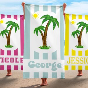 Colored Palm Tree Personalized Beach Towel, Custom Name Bath Towel, Custom Pool Towel, Beach Towel With Name, Custom Birthday Vacation Gift