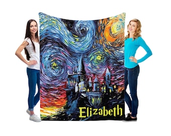 Wizard Blanket, Magic Wizard, Custom Starry Night Blanket, Valentine&#39;s Day Gift, Magic School,  Custom Name Blanket, Fantasy Throw, Vacation