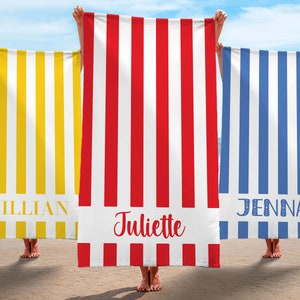 Striped Beach Towels, Stripe Print Beach Towel, Personalized Beach Towel, Custom Name Beach Towel,   Bride Birthday Wedding Vacation Gift