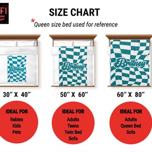 May include: Size chart for a checkered bedding set with the name "Britney" in a retro font. The chart shows three sizes: 30" x 40", 50" x 60", and 60" x 80". Each size is shown with a corresponding image of the bedding set and a description of the ideal use for each size.