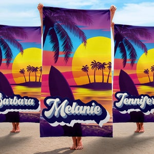 Retro Palm Style & Surf Custom Name Beach Towel, Tropical Print Custom Beach Towel, Personalized Pool Towel, Best Vacation Birthday Gift