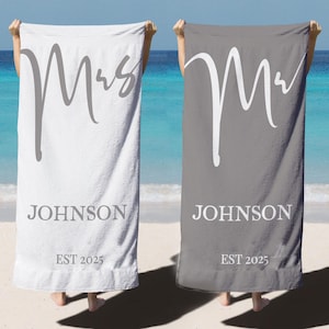 Personalized Couple Beach Towels Set, Custom Mr and Mrs Towels, Wedding Gift, Honeymoon Essentials Perfect Gift for Weddings